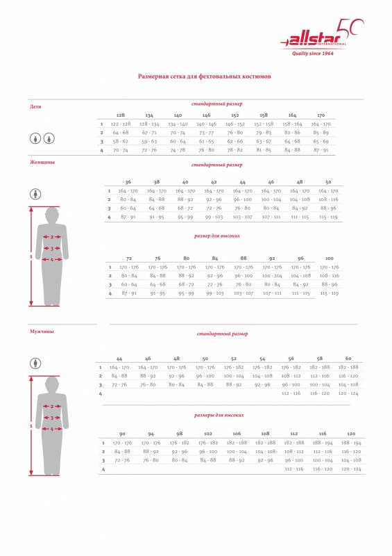 Размерная сетка для фехтовальных костюмов